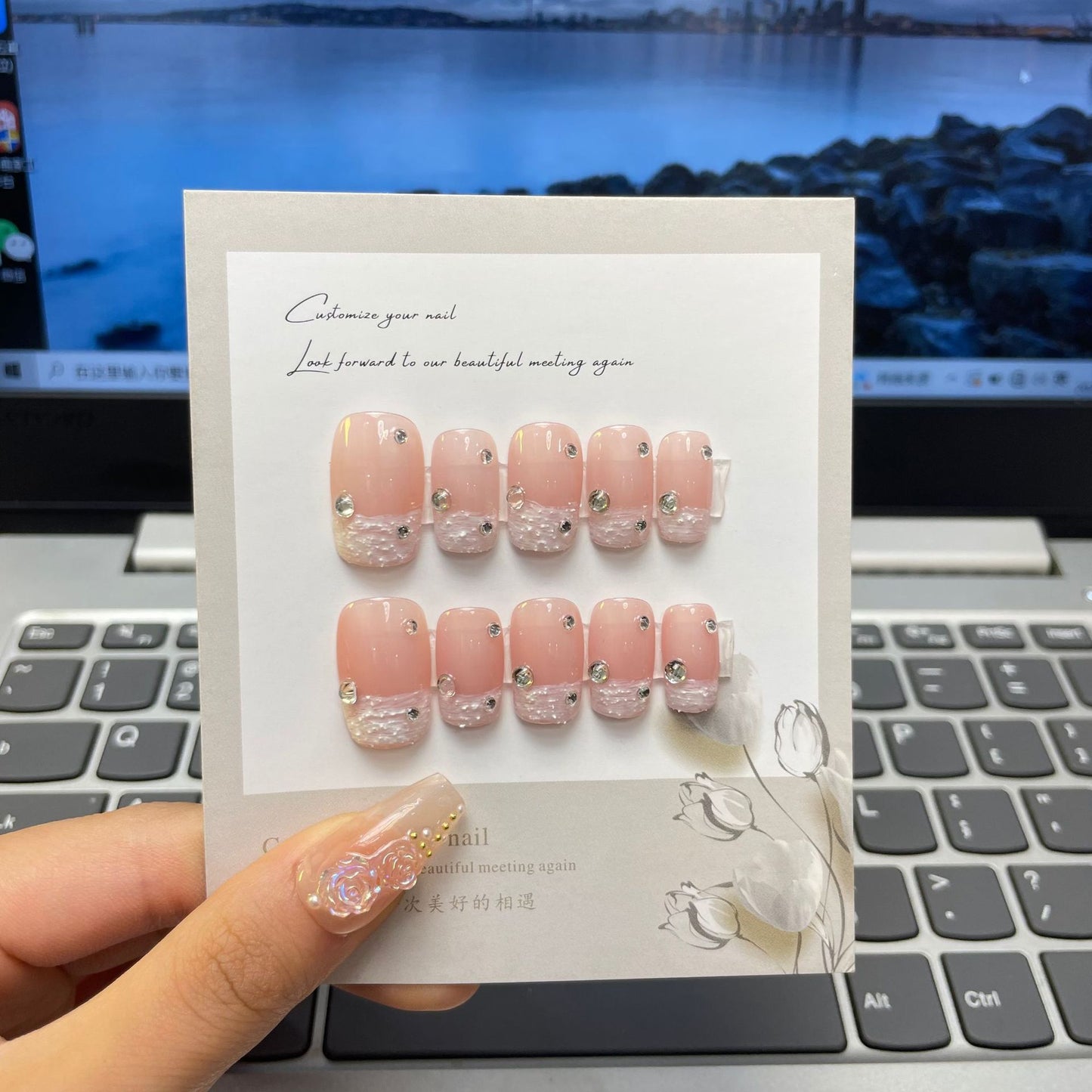 Diamond Kiss Tips – Light Pink French Elegance with Dazzling Squares