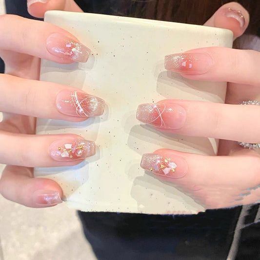 Long Peach with Glittery Silver Design – Soft Glamour, Sparkling Elegance