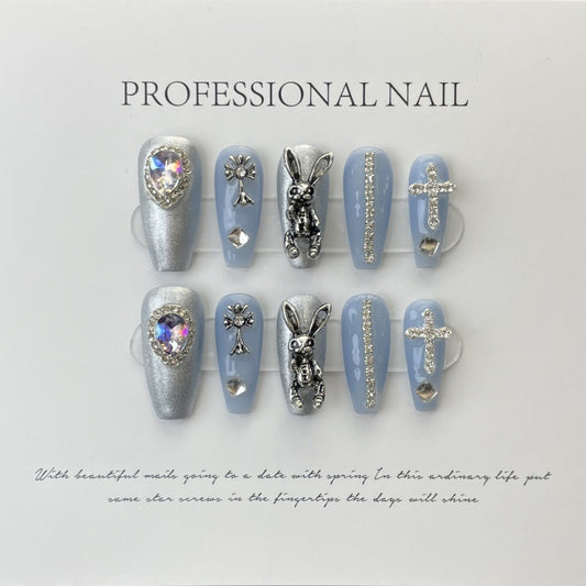 Silver Bunny Bliss – Playful Elegance with Sky Blue Accents