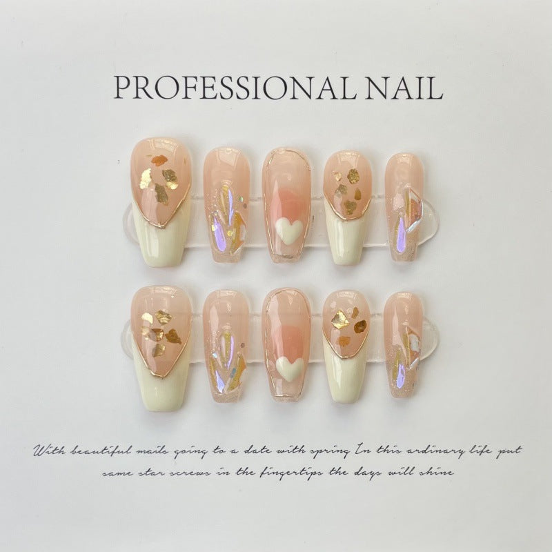 Golden Heart French Tips – Elegant Blush with Luxurious Gold Accents