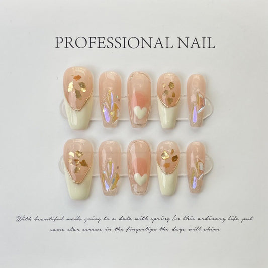 Golden Heart French Tips – Elegant Blush with Luxurious Gold Accents