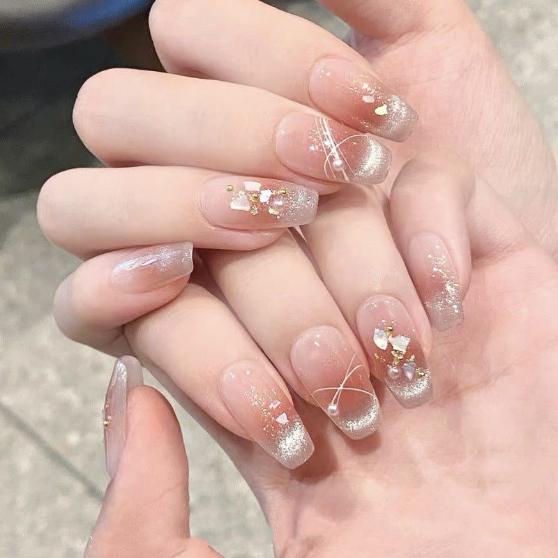 Long Peach with Glittery Silver Design – Soft Glamour, Sparkling Elegance