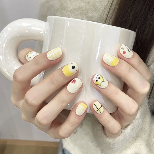 Sunny Skies & Snuggles – Yellow & White Nails with Cloudy Bear Charm