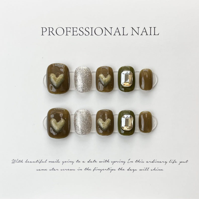 Elegant Chocolate Jewel Hearts – Luxe Brown Nails with Sparkling Detail