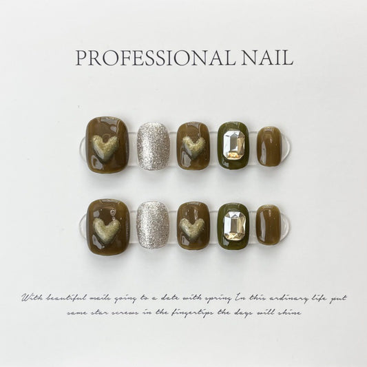 Elegant Chocolate Jewel Hearts – Luxe Brown Nails with Sparkling Detail