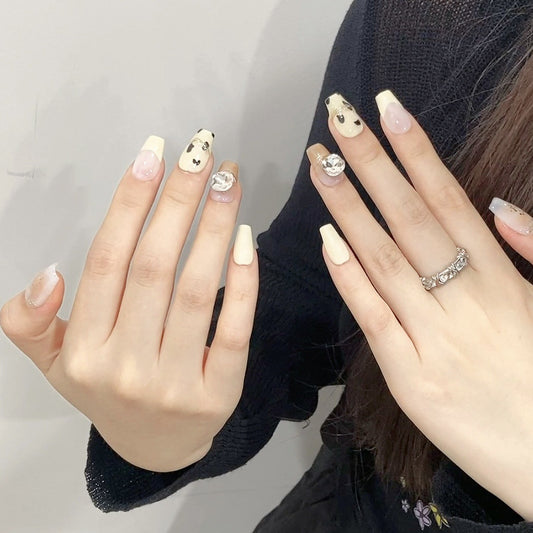Truffle Glaze Trio – Chic White, Brown & Black Nails with Rhinestone Elegance