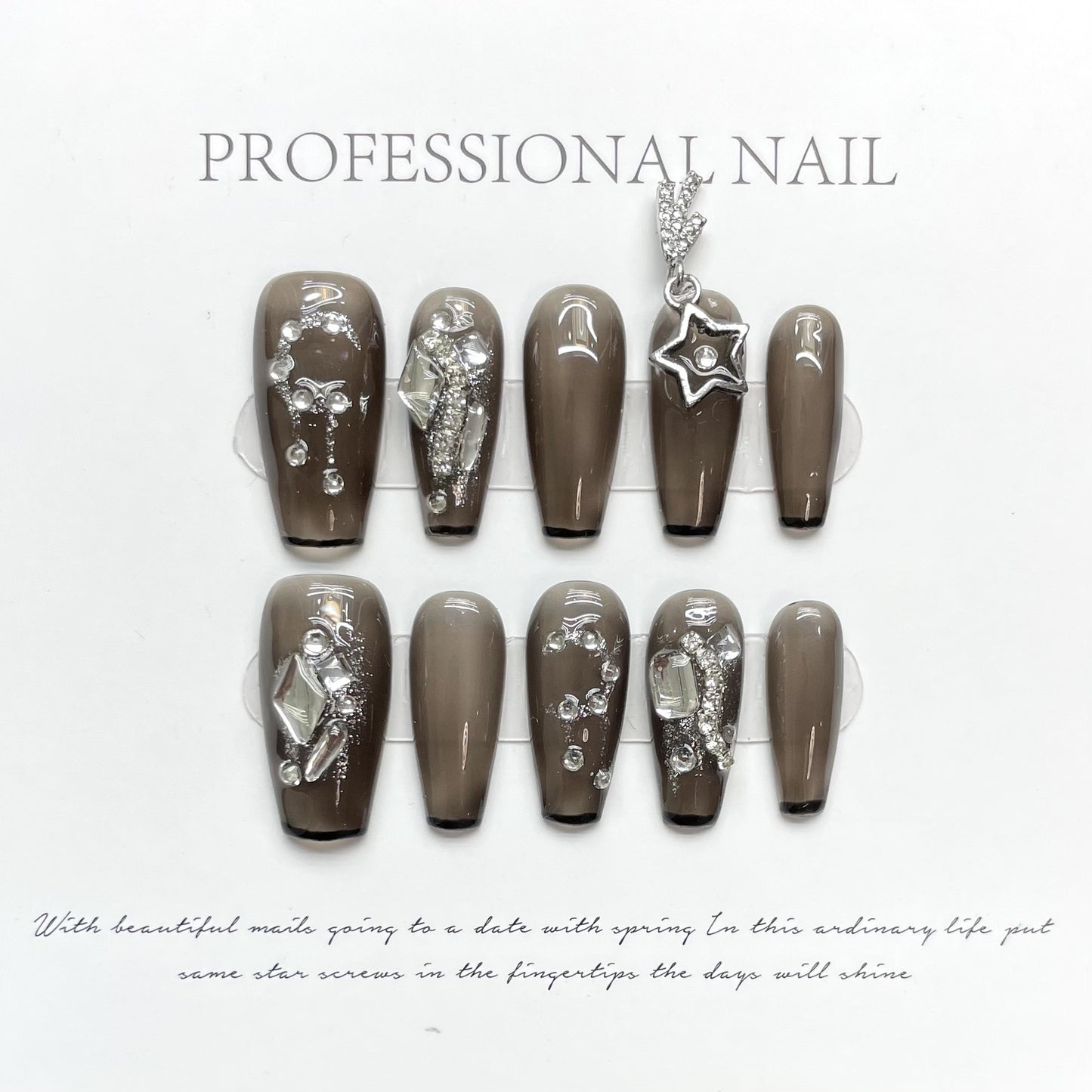 Chic Noir Elegance – Refined Gray with Black Tips and Dazzling Gemstone Touch