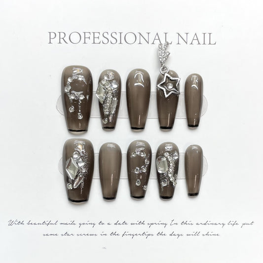 Chic Noir Elegance – Refined Gray with Black Tips and Dazzling Gemstone Touch